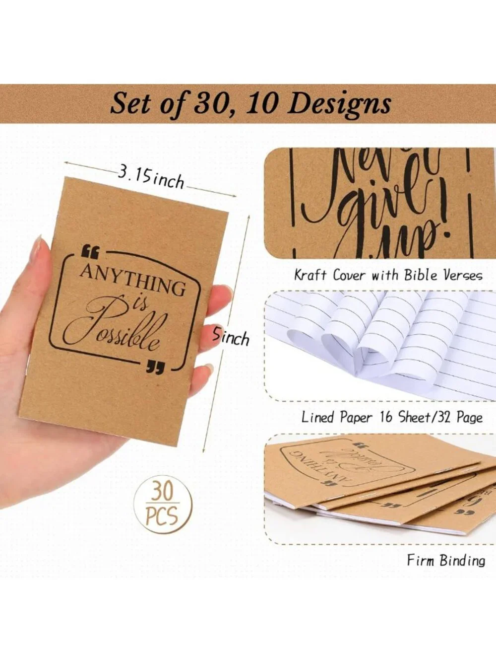 60 Pcs Motivational Pens & Inspirational Notebooks - Perfect Gift Set, Brown